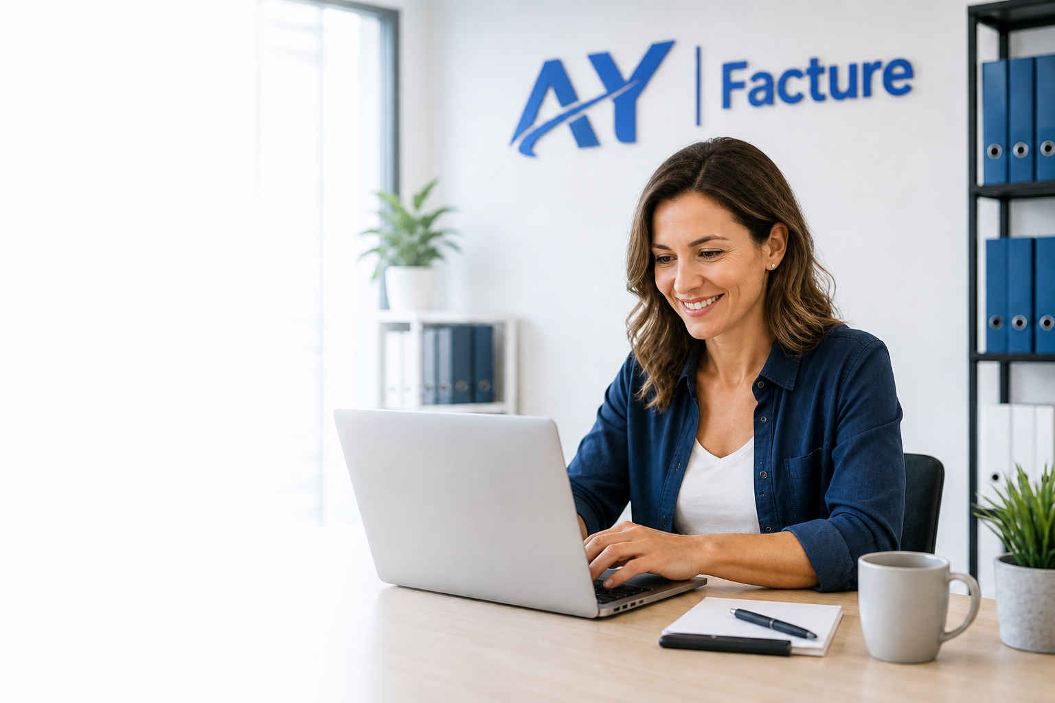 Entrepreneuse utilisant AY Facture devant un ordinateur portable